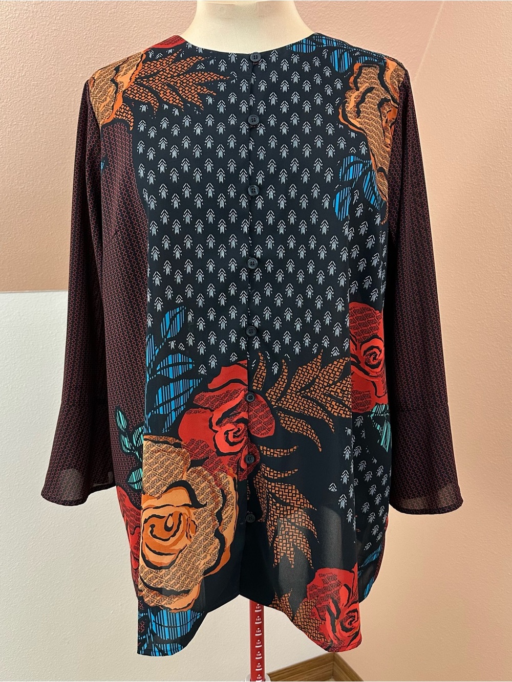 Bob Mackie Wearable Art Tunic Womens XL Fall Floral Boho Bell Sleeve Button Top